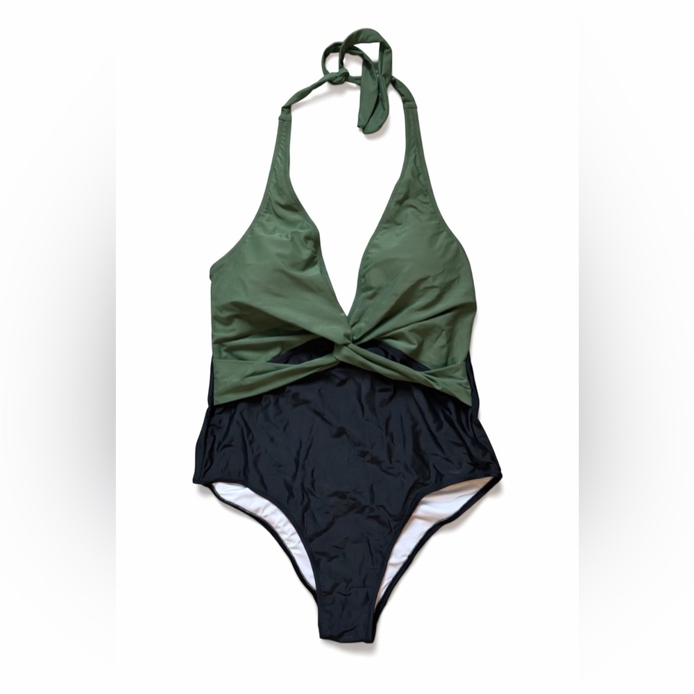 Popvil Olive & Black Twist Front Halter One-Piece Swimsuit